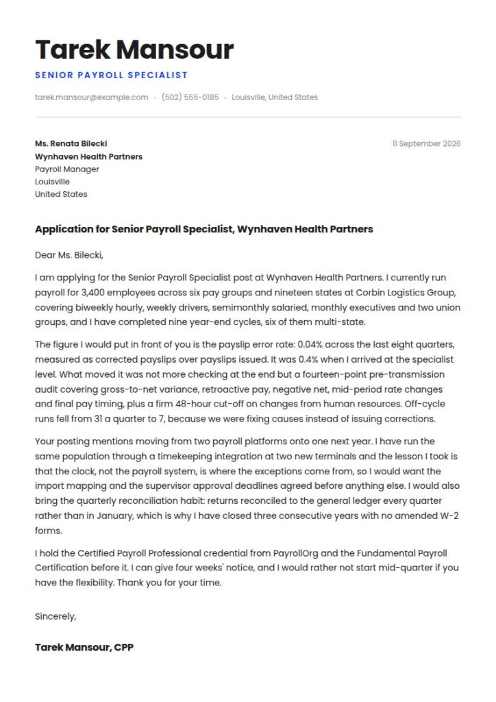 Payroll Specialist Cover Letter Examples & Templates