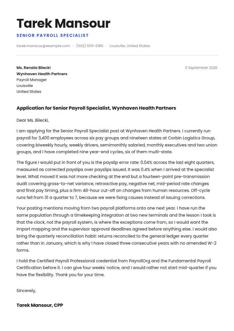 Payroll Specialist Cover Letter Examples & Templates