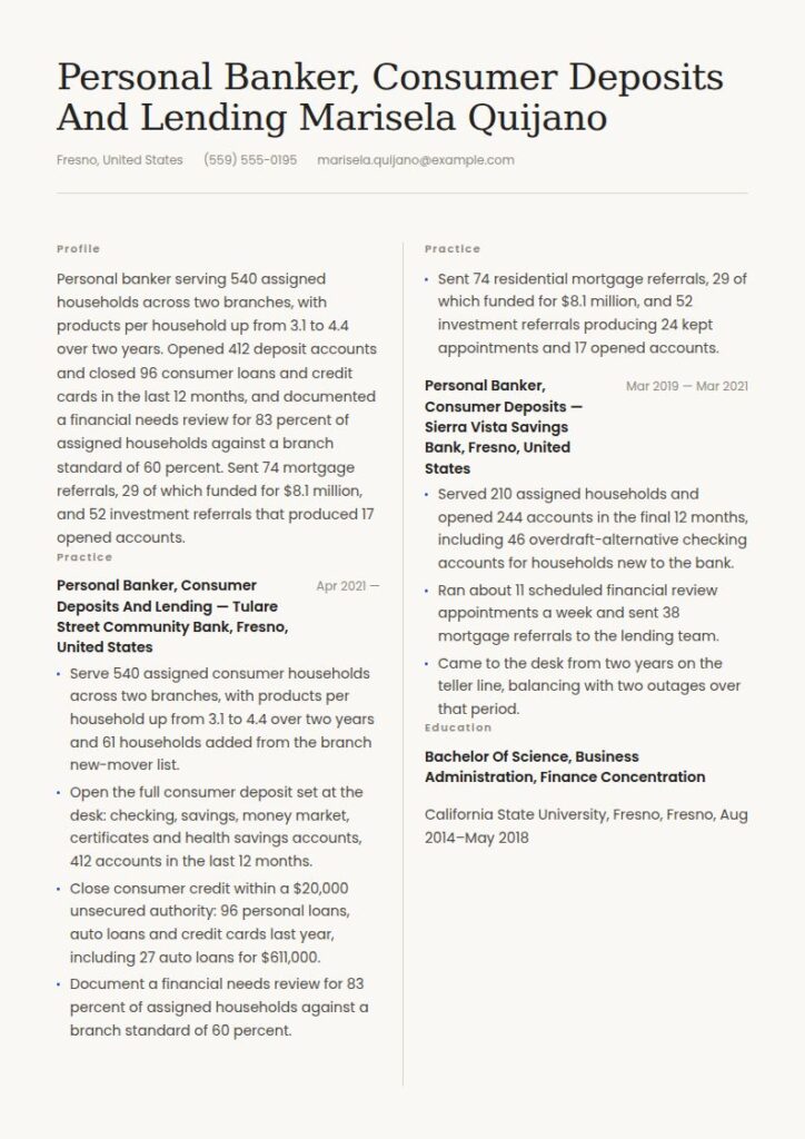 Personal Banker Resume Examples & Templates