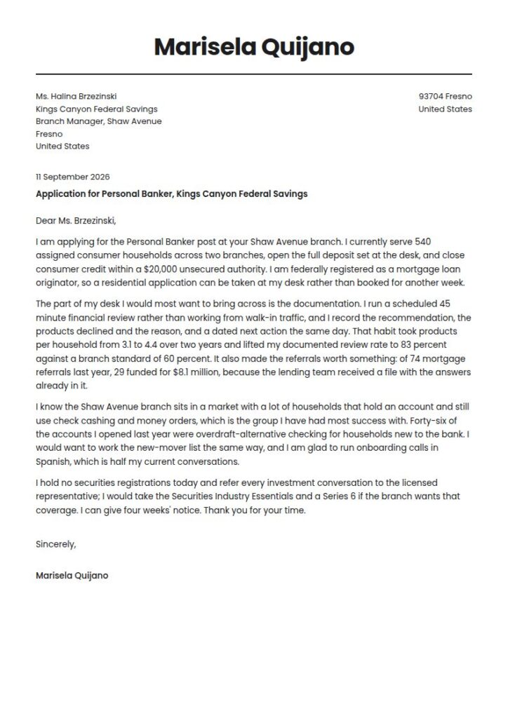 Personal Banker Cover Letter Examples & Templates