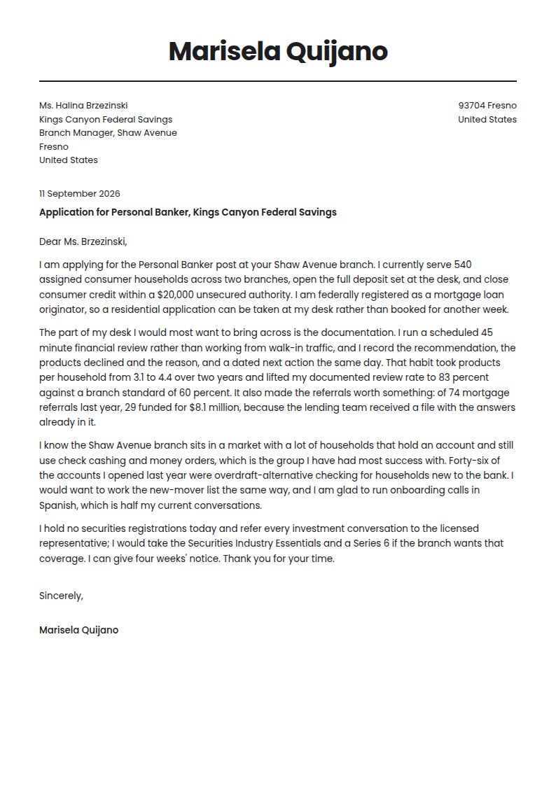 Personal Banker Cover Letter Examples & Templates