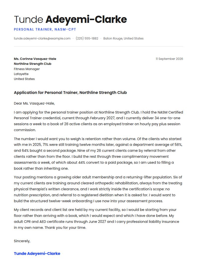 Personal Trainer Cover Letter Examples & Templates