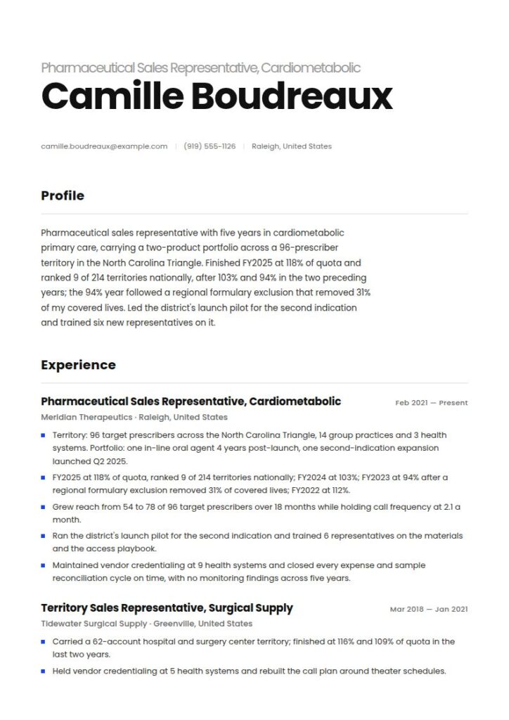 Pharmaceutical Sales Representative Resume Examples & Templates