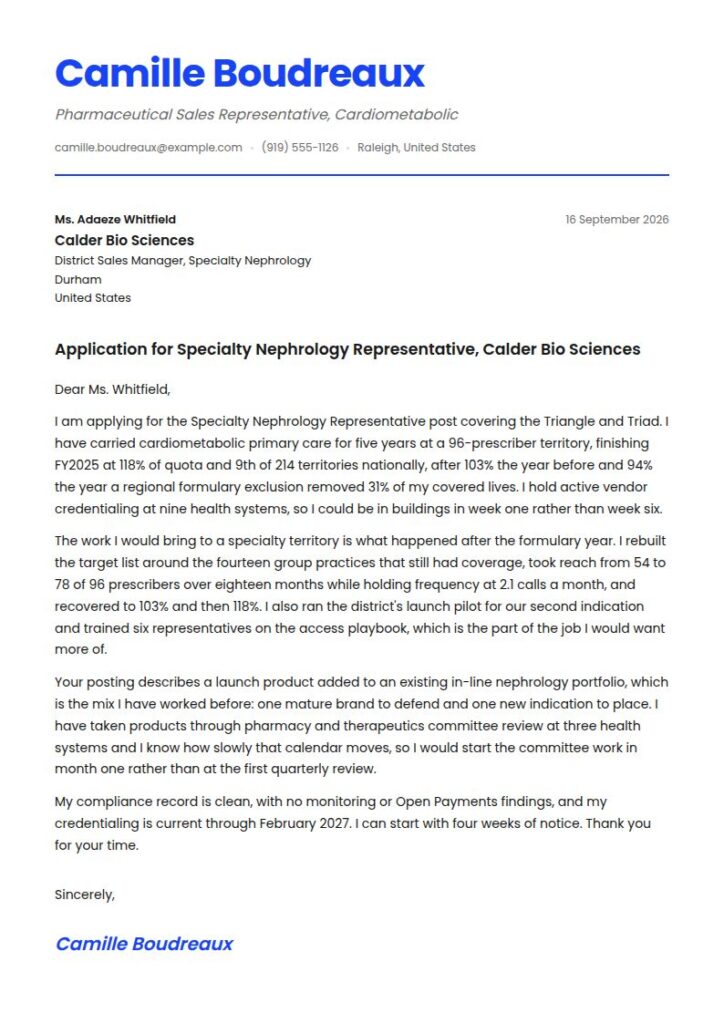 Pharmaceutical Sales Representative Cover Letter Examples & Templates