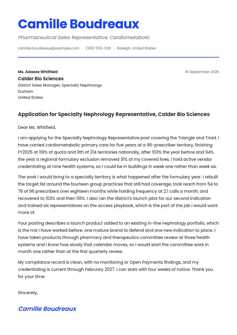 Pharmaceutical Sales Representative Cover Letter Examples & Templates