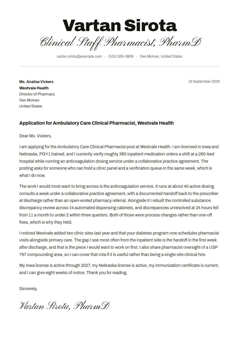 Pharmacist Cover Letter Examples & Templates