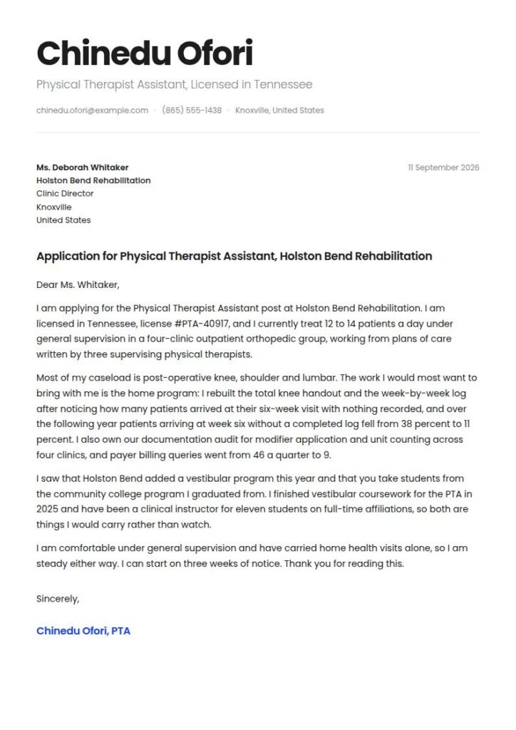 Physical Therapist Assistant Cover Letter Examples & Templates