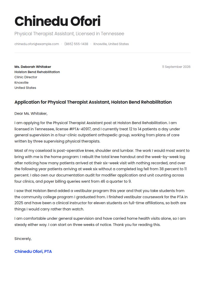 Physical Therapist Assistant Cover Letter Examples & Templates