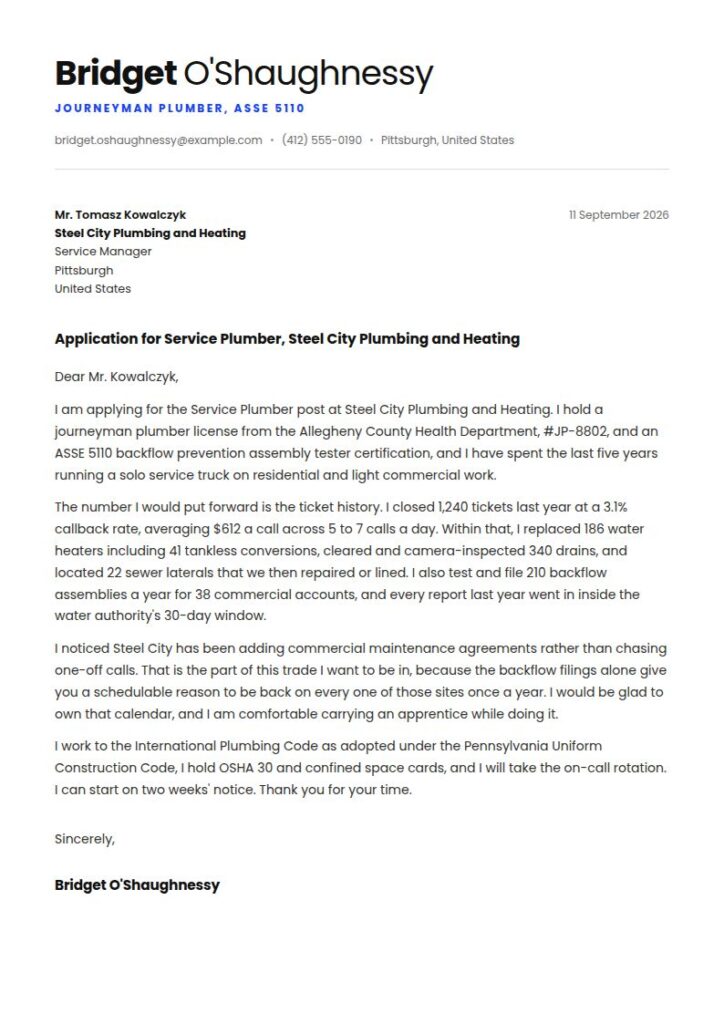 Plumber Cover Letter Examples & Templates