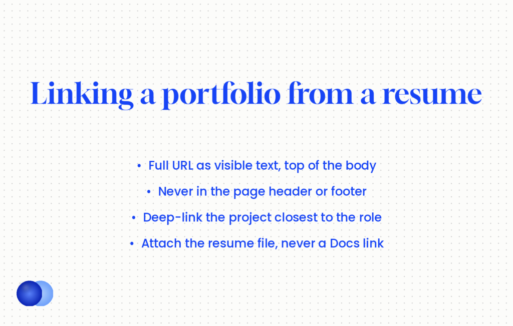 Portfolio vs resume linking rules: full URL as visible text at the top of the body, never in the header or footer, deep-link the closest project, attach the resume file