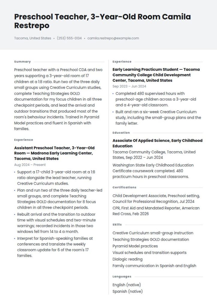 Preschool Teacher Resume Examples & Templates
