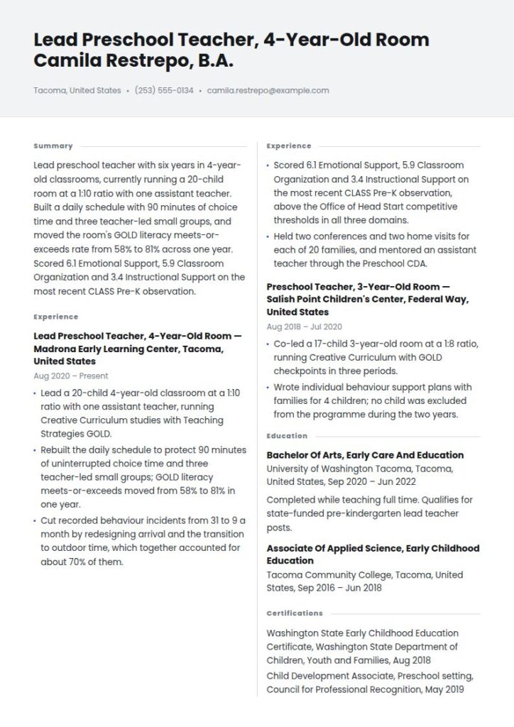 Preschool Teacher Resume Examples & Templates