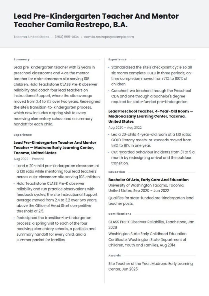 Preschool Teacher Resume Examples & Templates