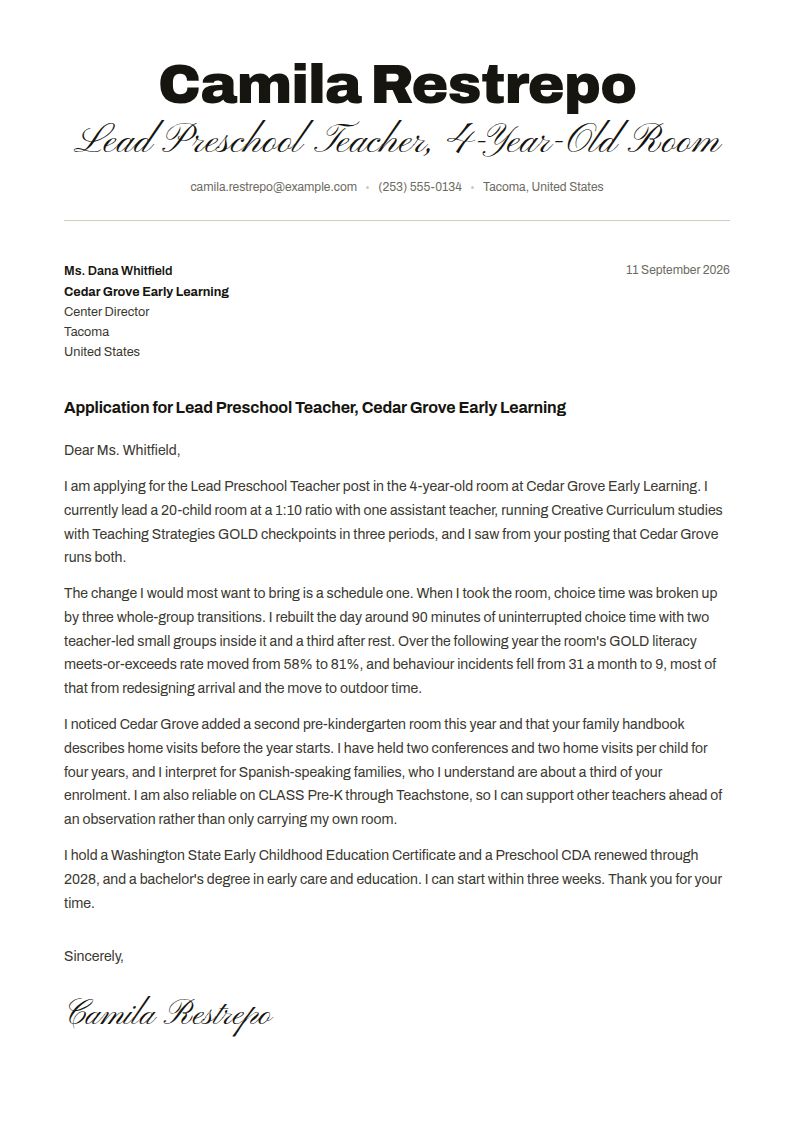 Preschool Teacher Cover Letter Examples & Templates