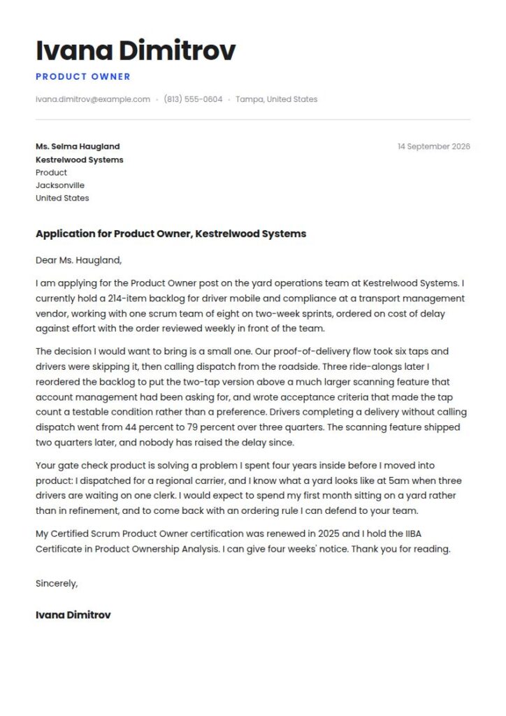Product Owner Cover Letter Examples & Templates