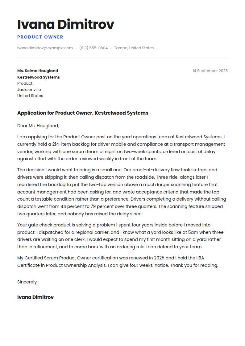 Product Owner Cover Letter Examples & Templates