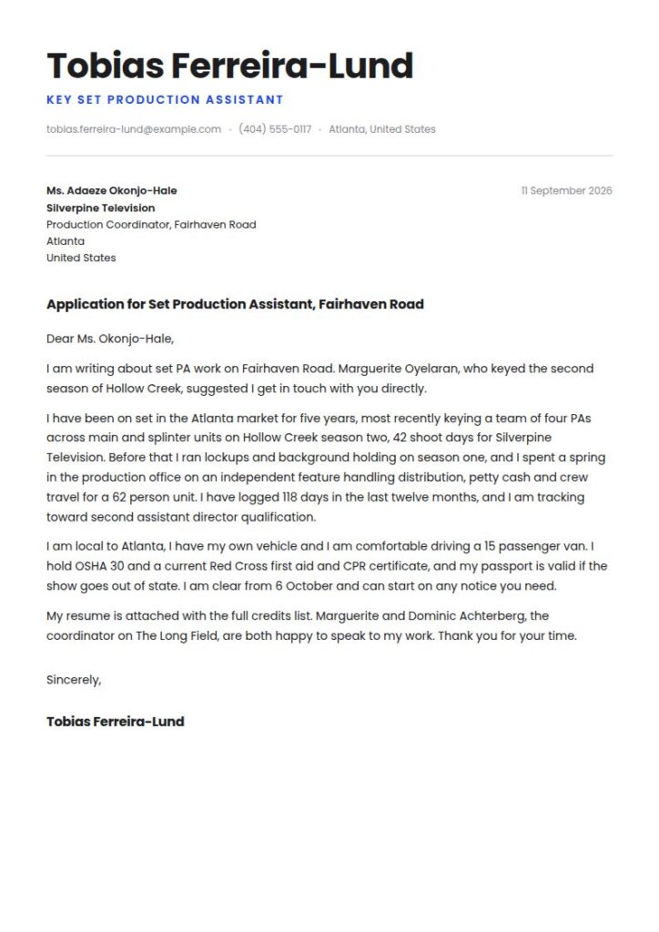 Production Assistant Cover Letter Examples & Templates