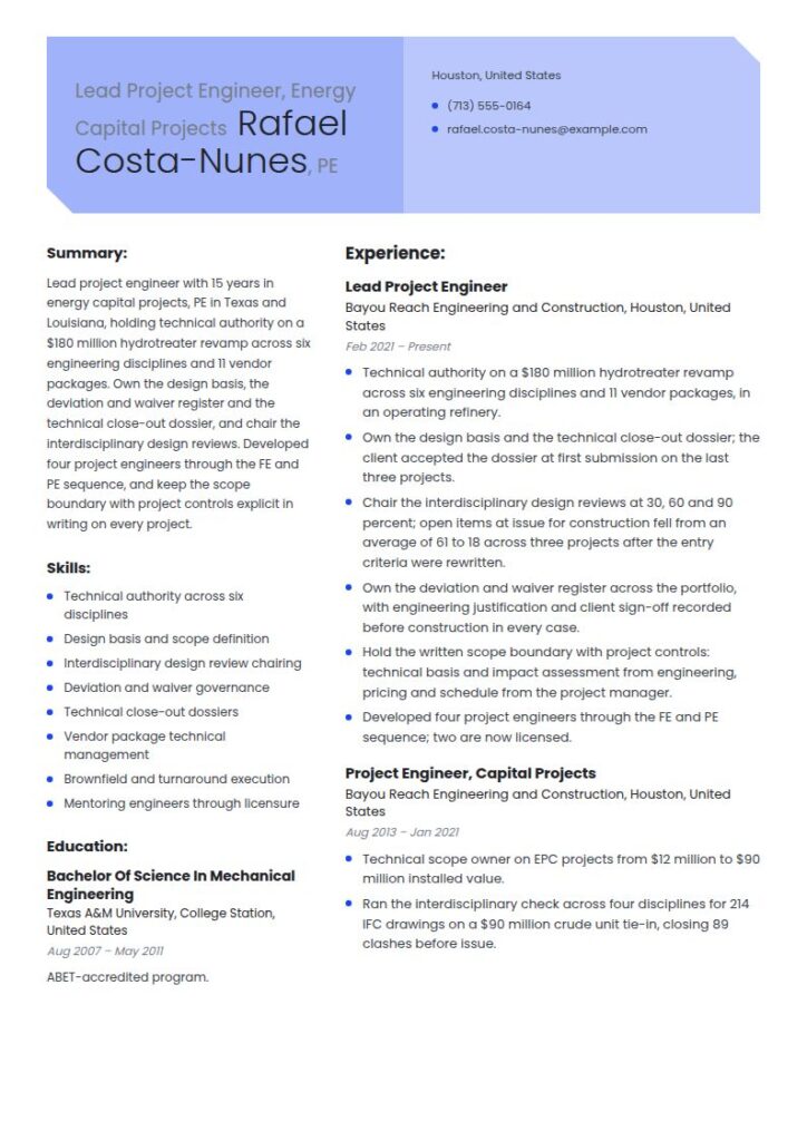 Project Engineer Resume Examples & Templates