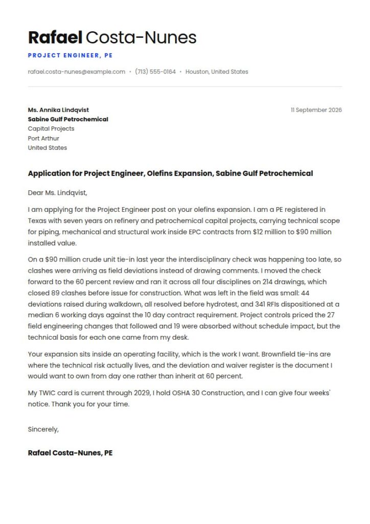 Project Engineer Cover Letter Examples & Templates