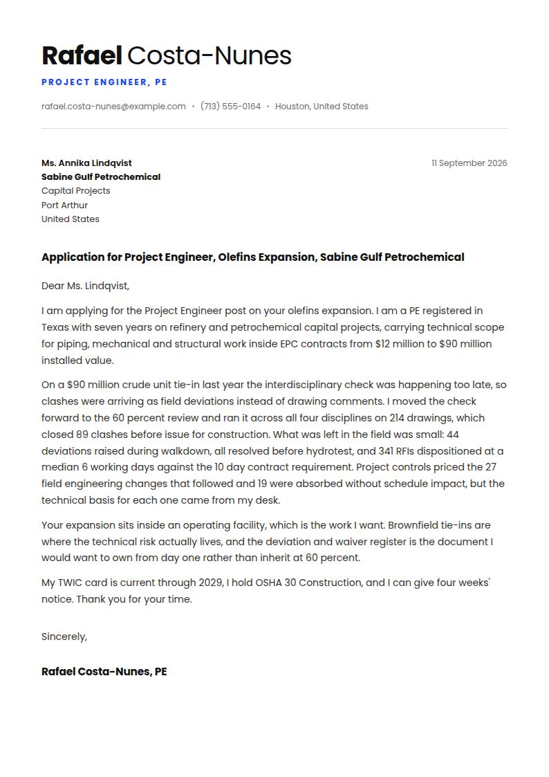Project Engineer Cover Letter Examples & Templates