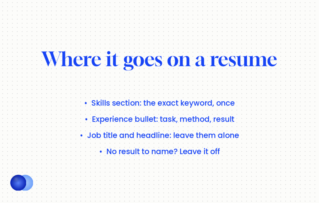 Where prompt engineering goes on a resume: exact keyword in the skills section, proof in an experience bullet, never in the job title or headline