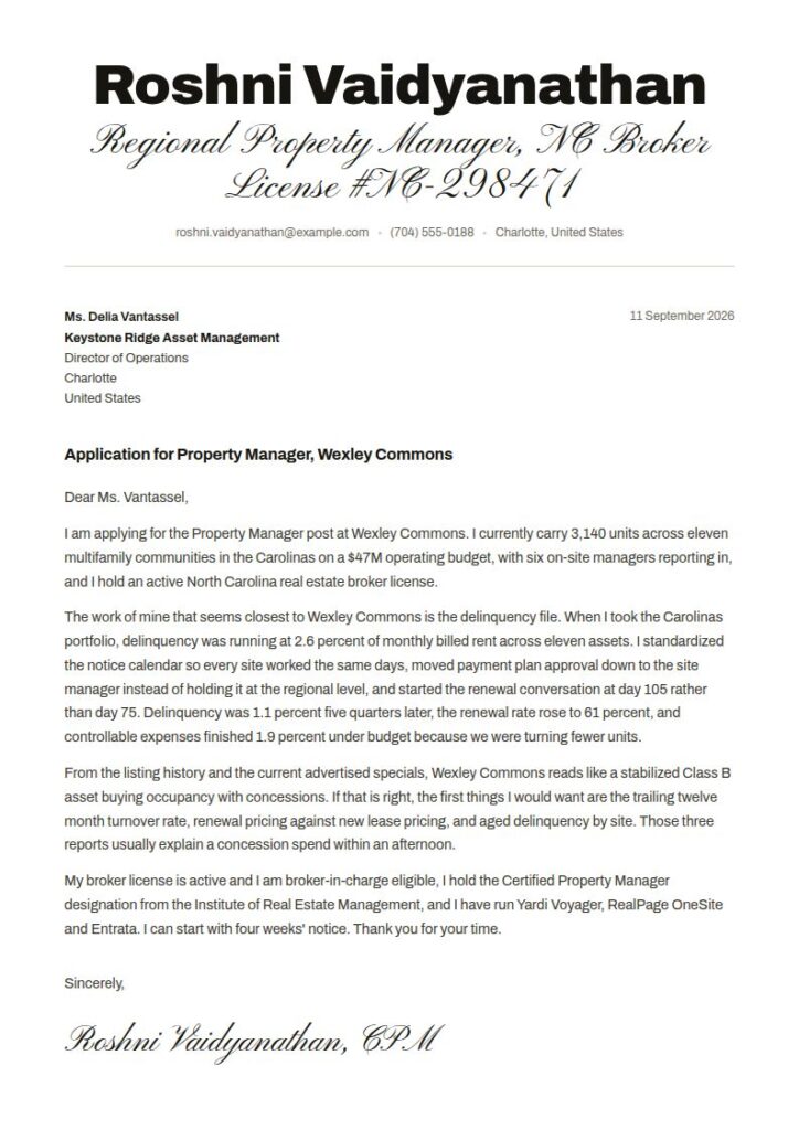Property Manager Cover Letter Examples & Templates