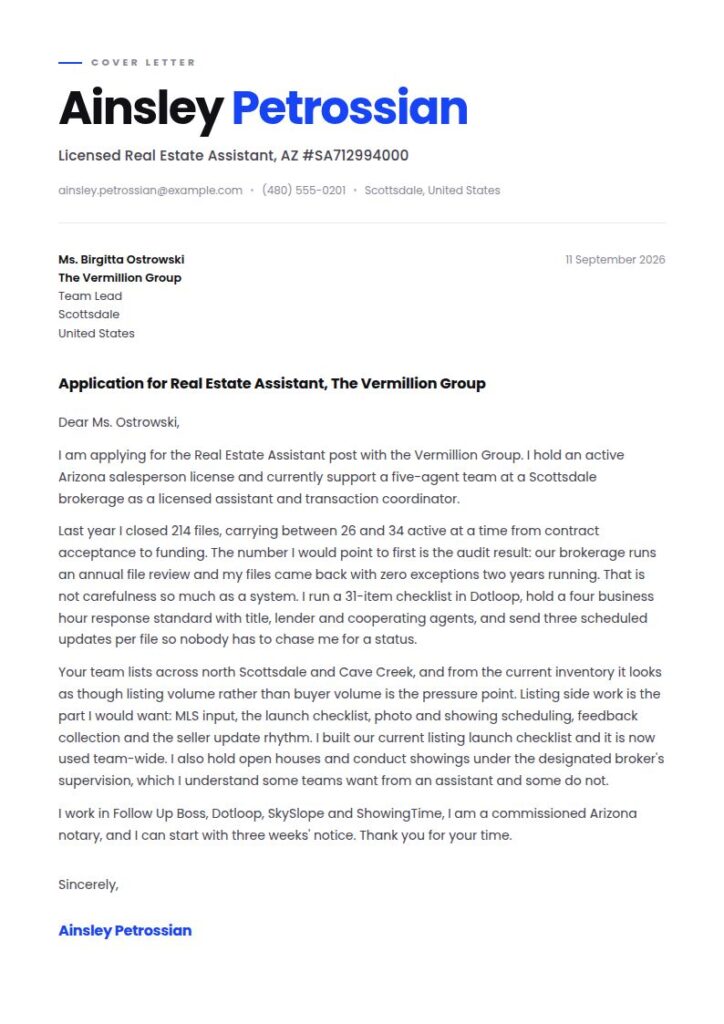 Real Estate Assistant Cover Letter Examples & Templates