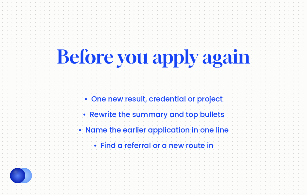 Checklist before you reapply to a company: one new result, a rewritten summary, a one-line mention of the earlier application, and a referral