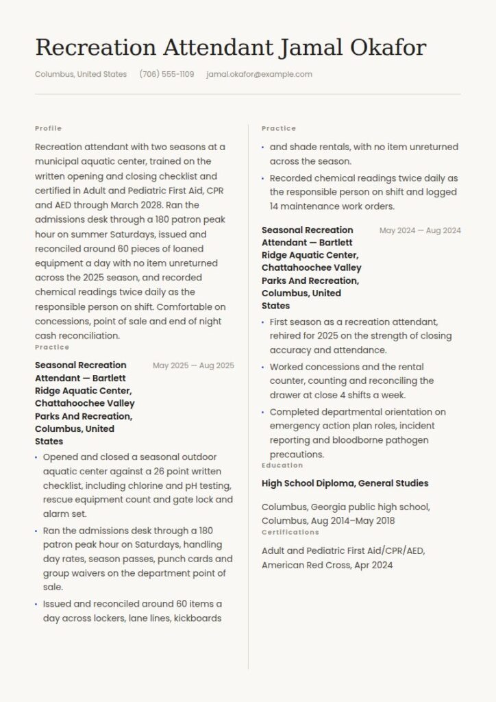Recreational Facility Attendant Resume Examples & Templates