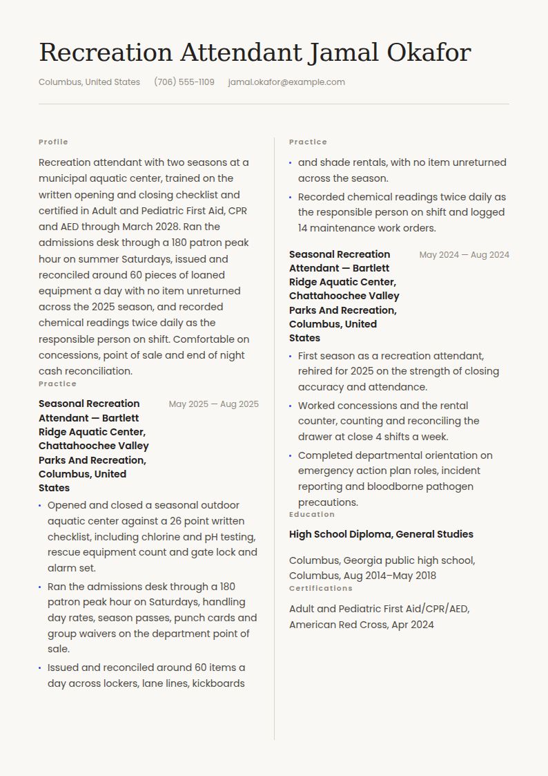 Recreational Facility Attendant Resume Examples & Templates