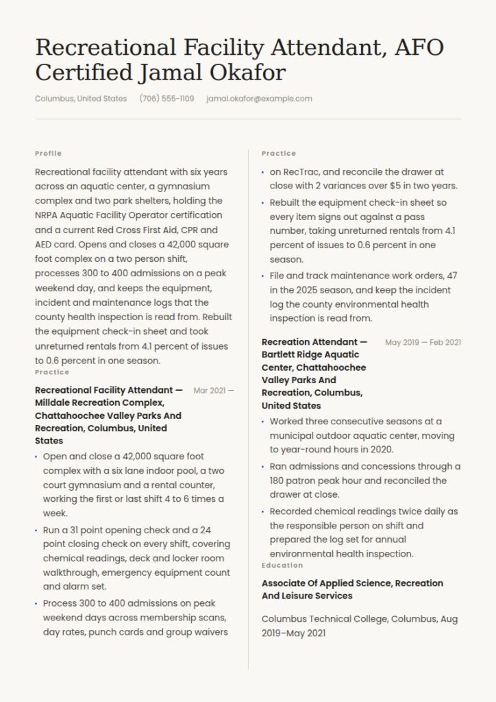 Recreational Facility Attendant Resume Examples & Templates