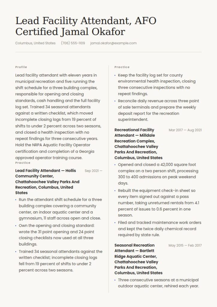 Recreational Facility Attendant Resume Examples & Templates