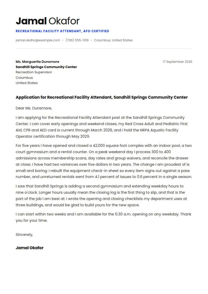 Recreational Facility Attendant Cover Letter Examples & Templates