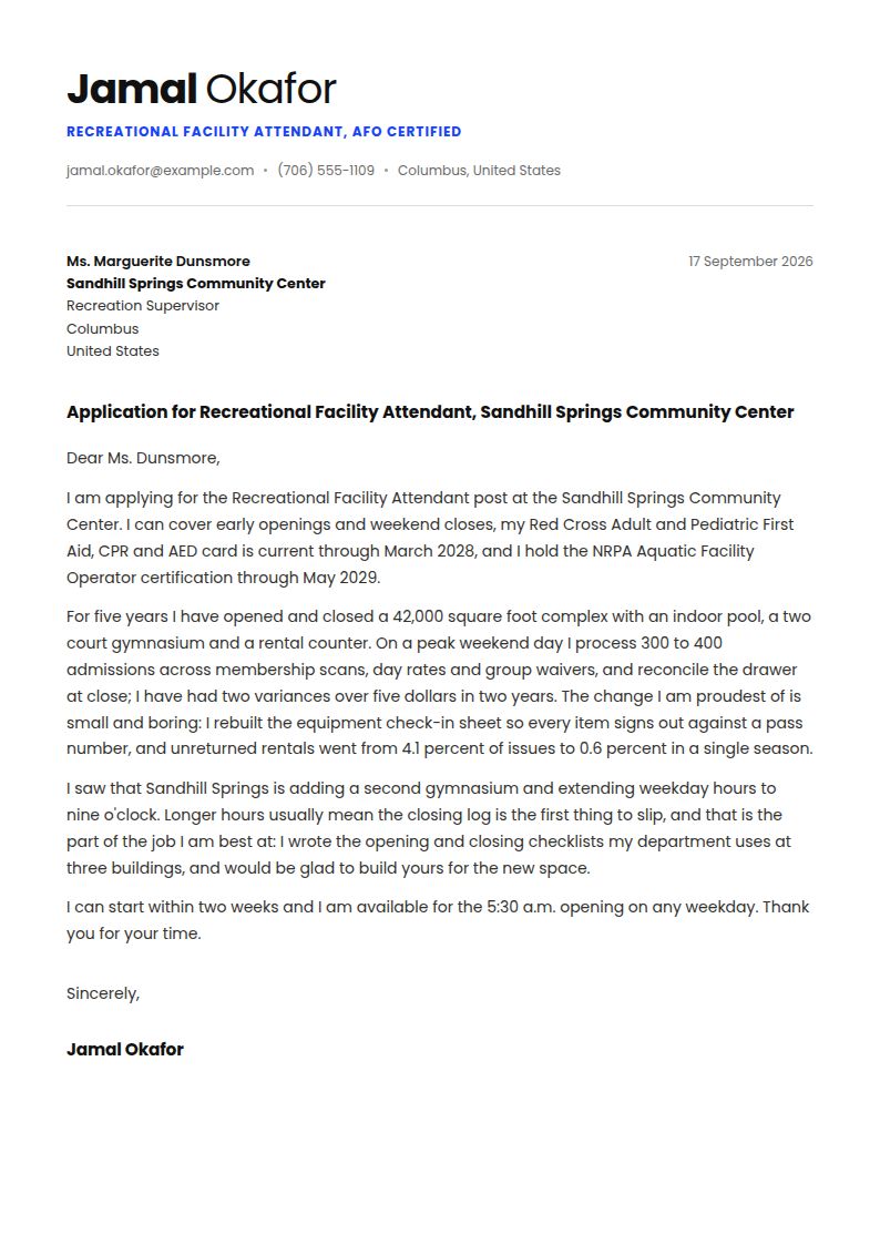 Recreational Facility Attendant Cover Letter Examples & Templates
