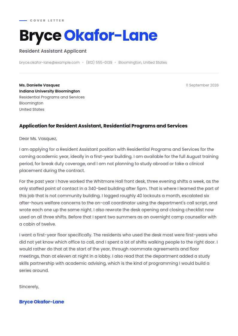 Resident Assistant Cover Letter Examples & Templates