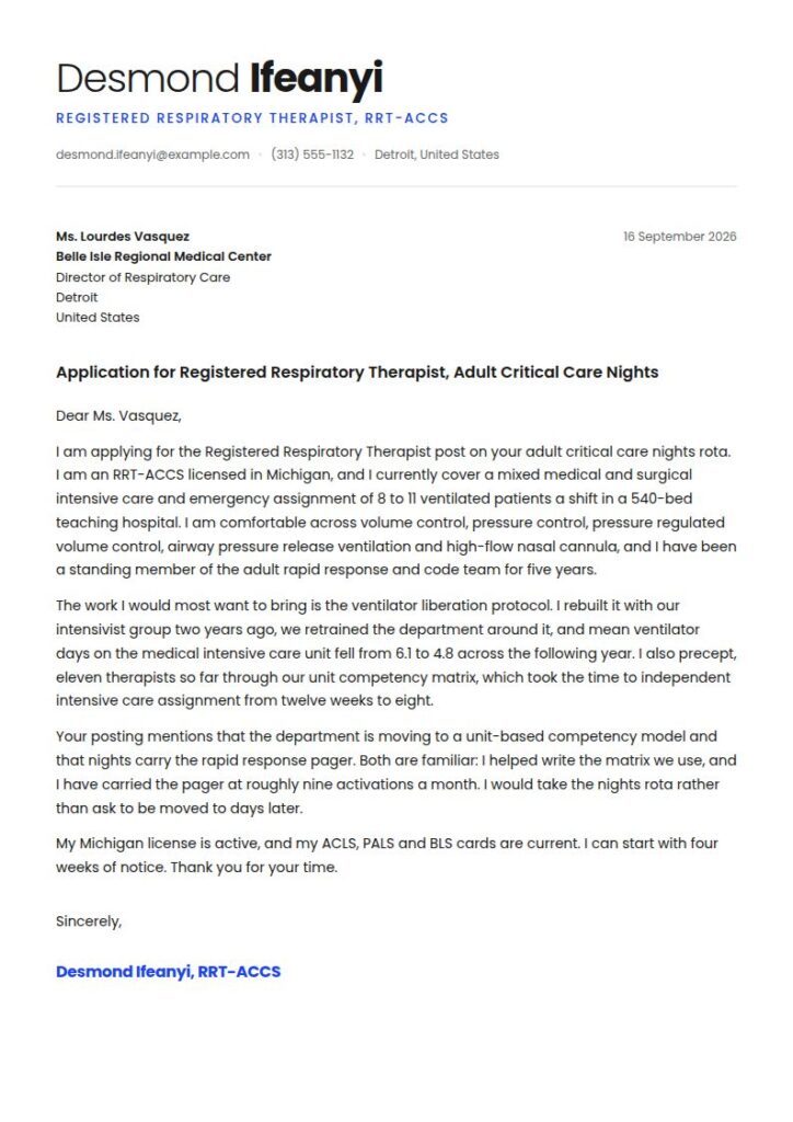 Respiratory Therapist Cover Letter Examples & Templates