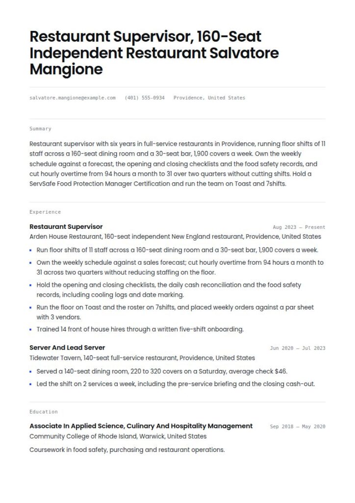 Restaurant Resume Examples & Templates