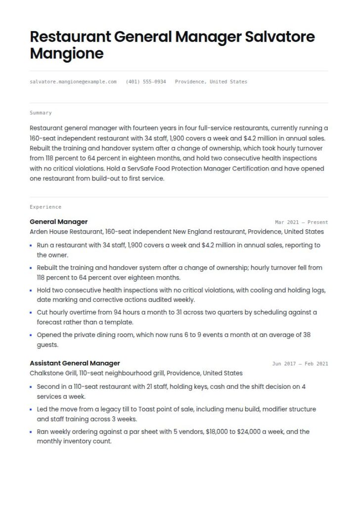 Restaurant Resume Examples & Templates