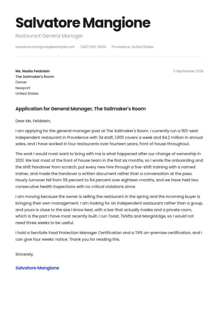 Restaurant Cover Letter Examples & Templates