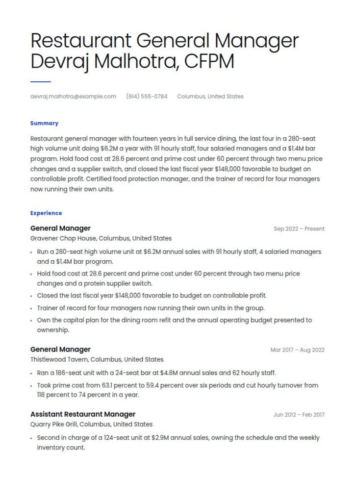 Restaurant Manager Resume Examples & Templates