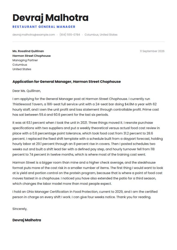 Restaurant Manager Cover Letter Examples & Templates