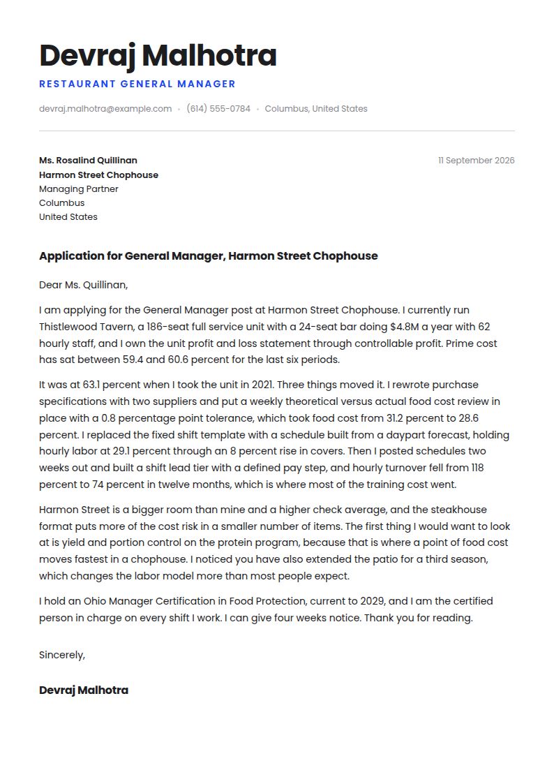 Restaurant Manager Cover Letter Examples & Templates