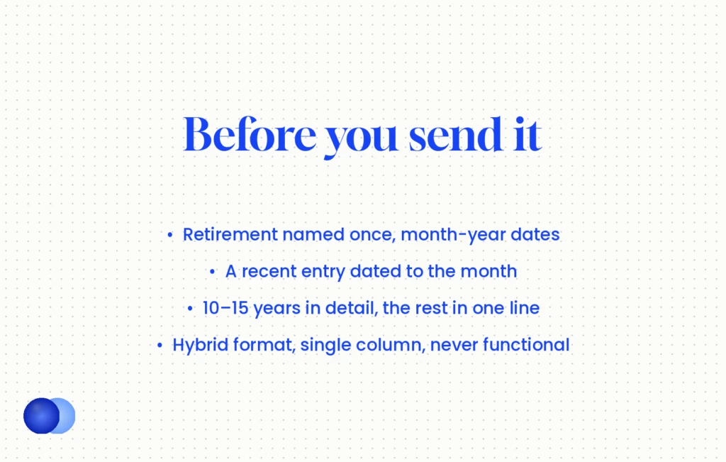 Resume after retirement checklist: retirement named once with month-year dates, a recent dated entry, 10–15 years in detail, hybrid single-column format