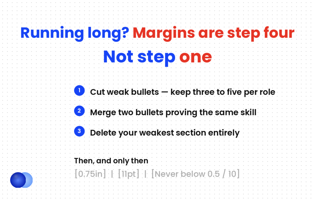 Resume margins are step four when a resume runs long, not step one