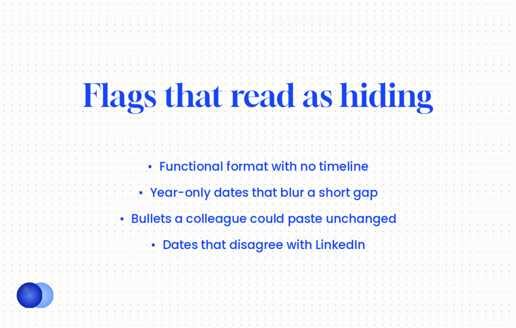 Resume red flags that read as hiding: functional format, year-only dates, generic bullets and dates that disagree with LinkedIn