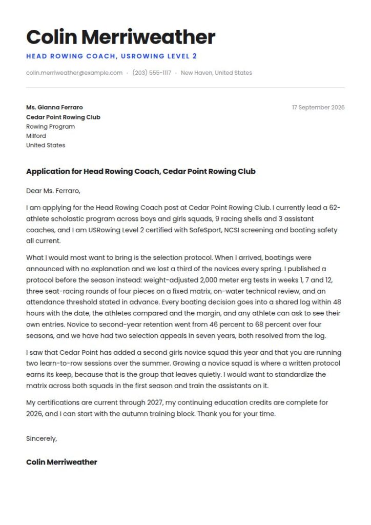 Rowing Coach Cover Letter Examples & Templates