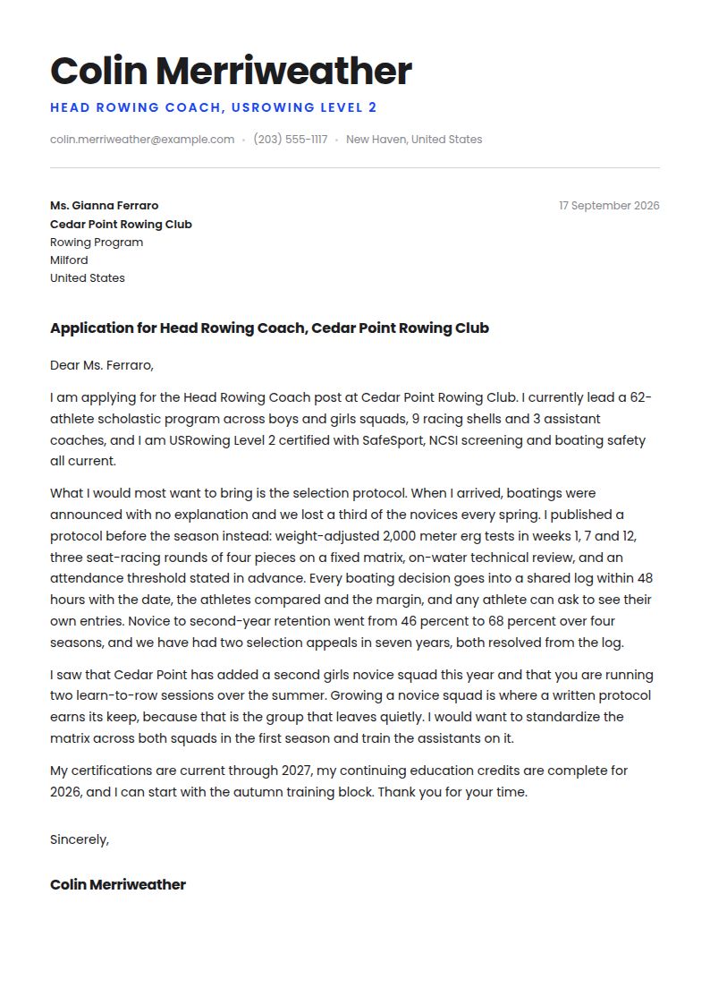 Rowing Coach Cover Letter Examples & Templates