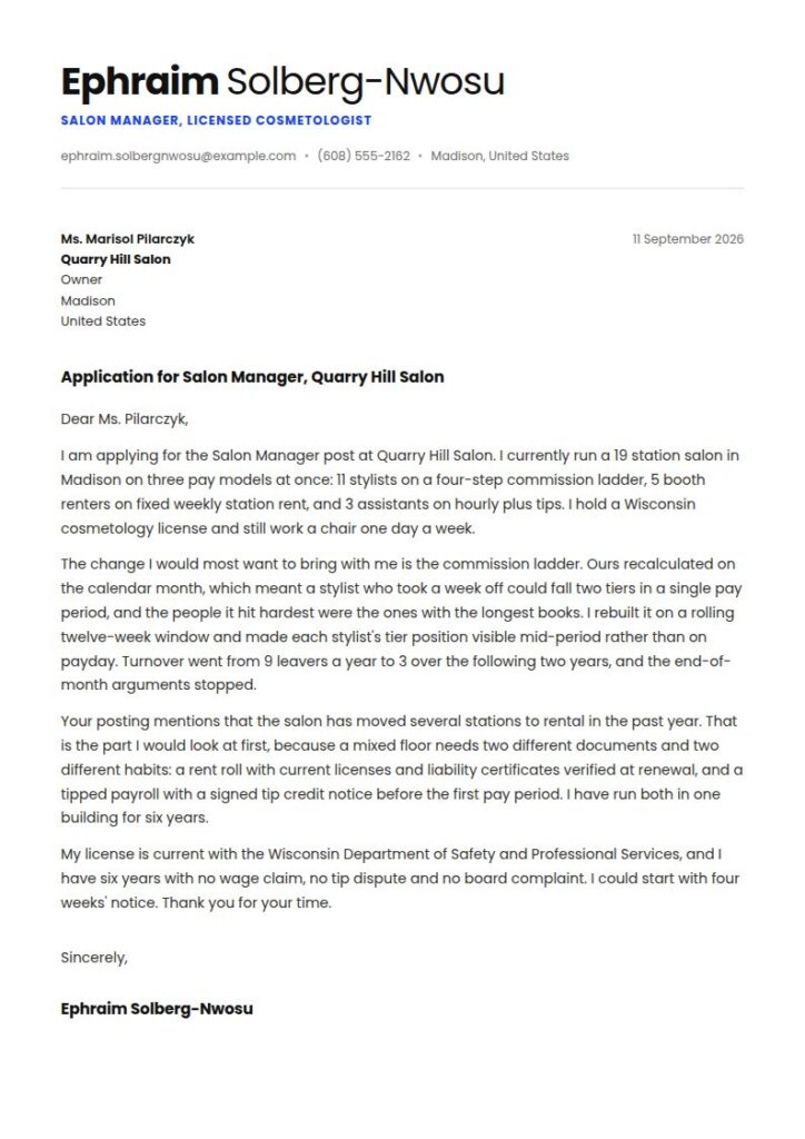 Salon Manager Cover Letter Examples & Templates