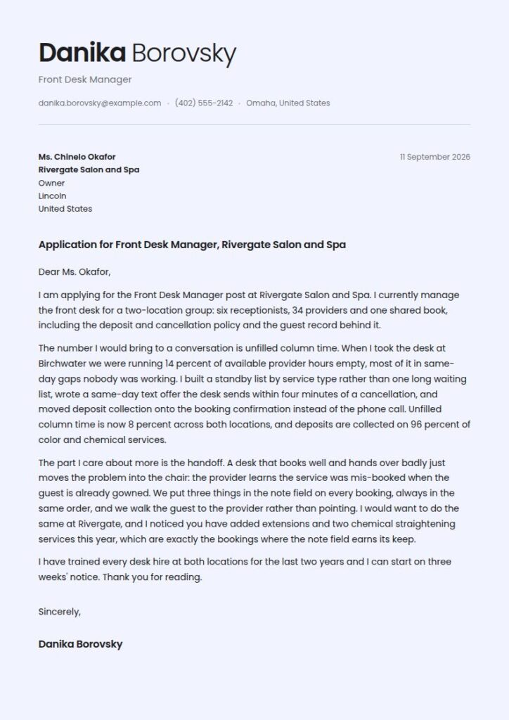 Salon Receptionist Cover Letter Examples & Templates