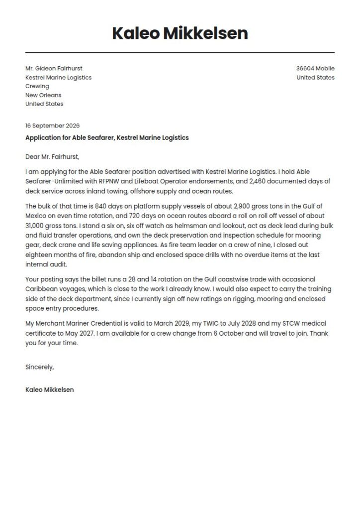 Seaman Cover Letter Examples & Templates